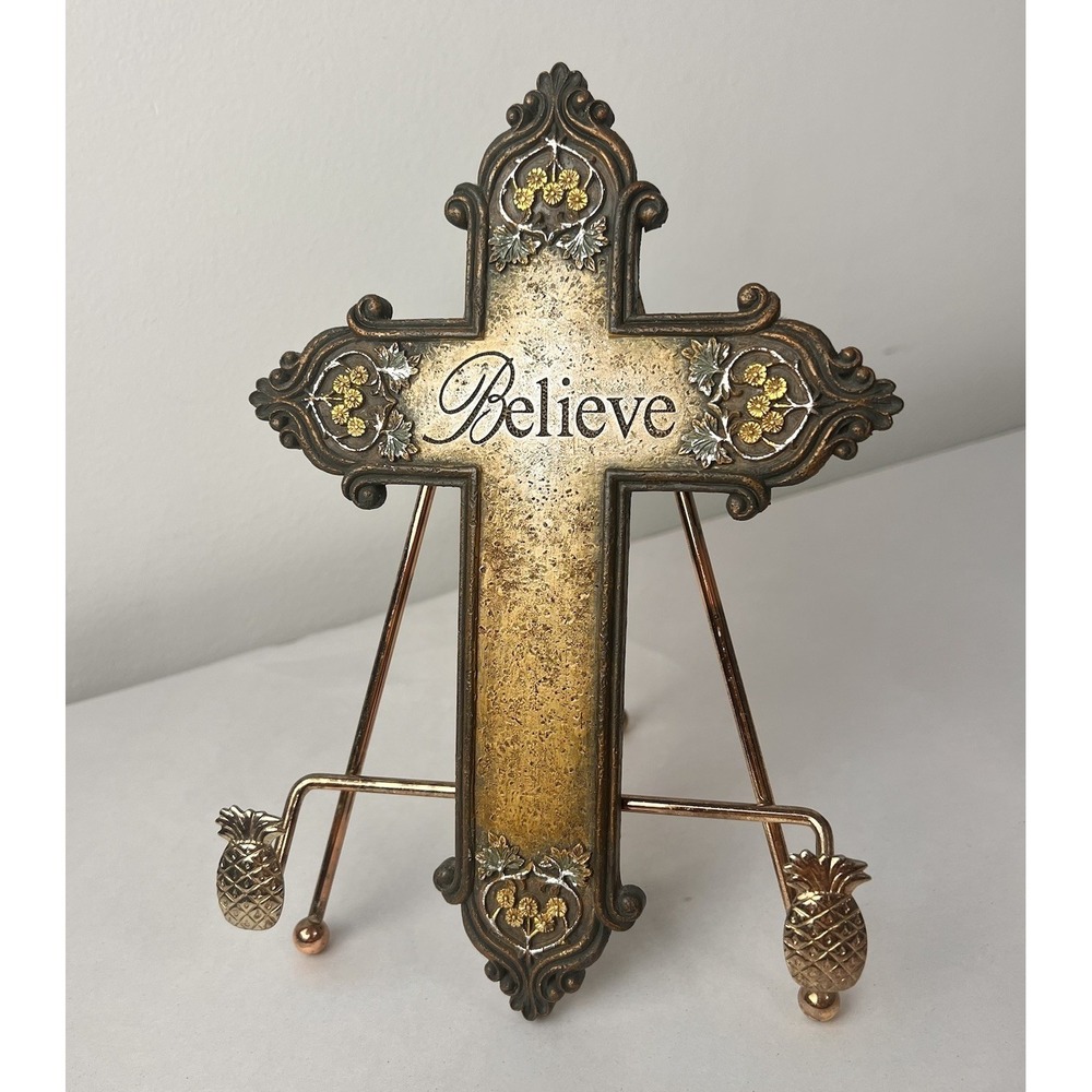 Vintage Ornate Wall Cross 8.5" Faux Wood Resin Religious Cross Believe Sign MCM